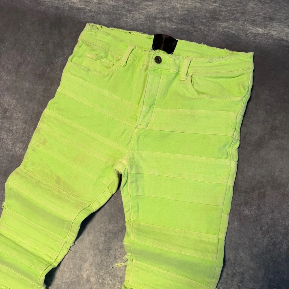 Valabasas 4444 Stacked Jeans Mens 36 Neon Lime Green Tiered Raw Edge Fringe Flaw